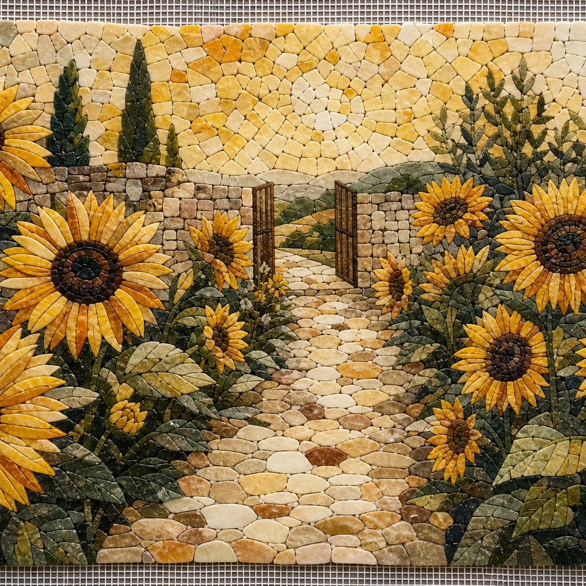 Sunflower Garden Path Mosaic - Floral Marble Mosaic Wall Art - Mesh Backing