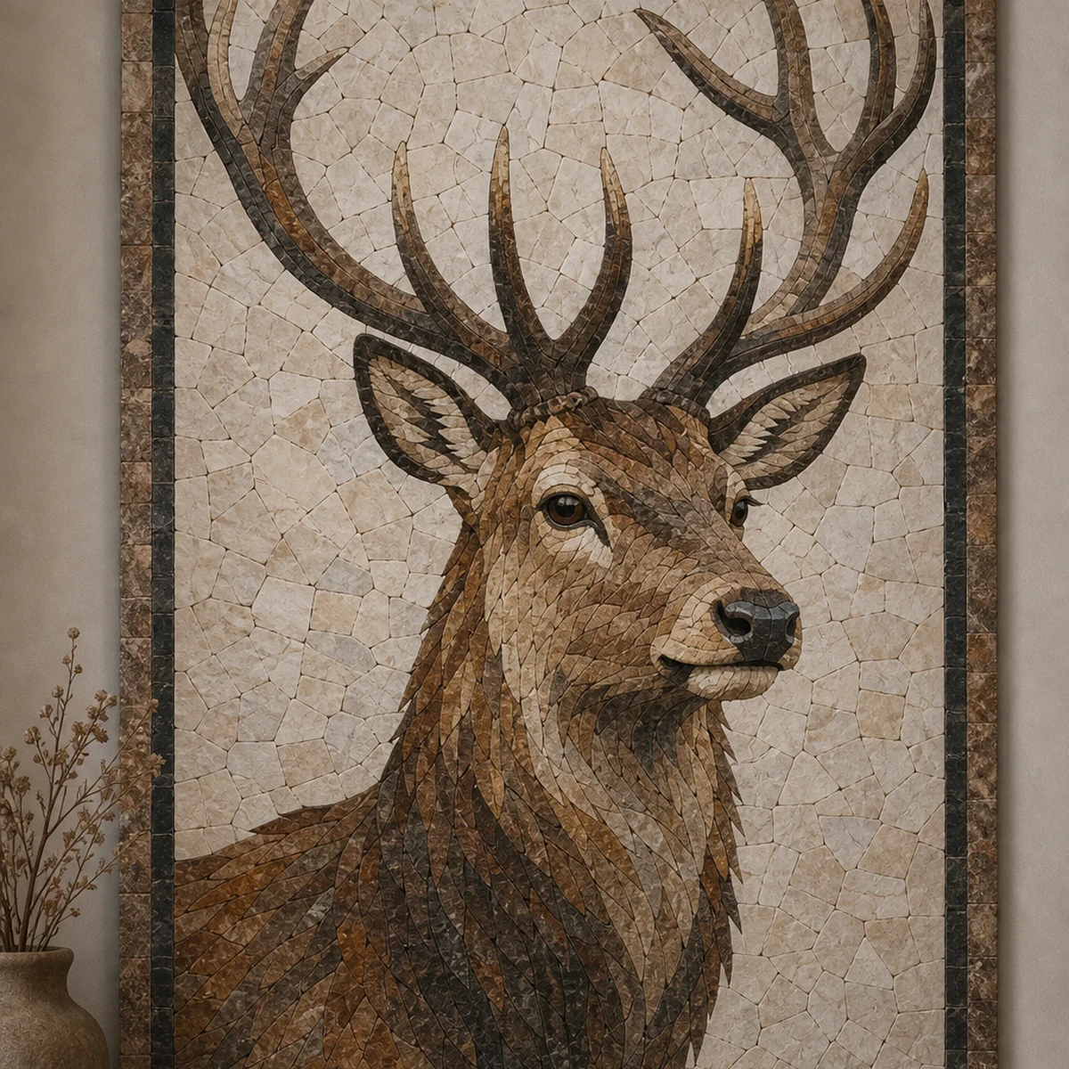Stag Portrait Mosaic - Marble Deer Head Wall Art - Mesh Backing
