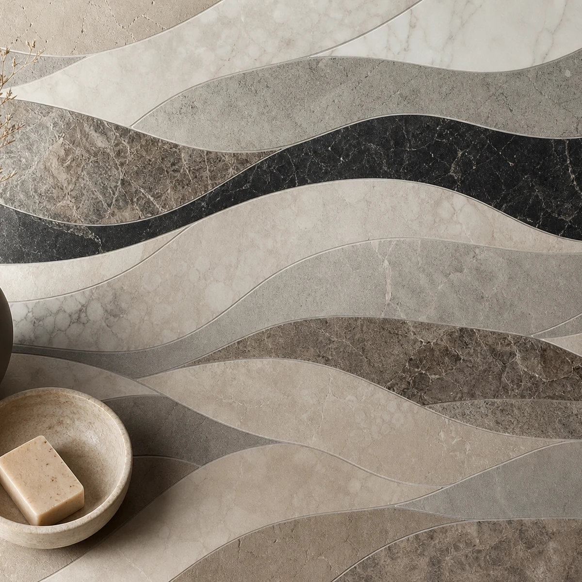 Abstract Wavy Shades Marble Mosaic Wall Art or Floor Tile - Mesh Backing