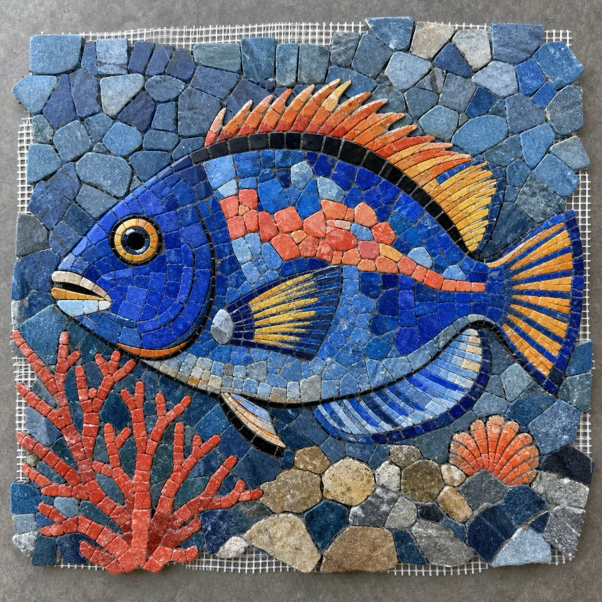 Bold Fish Portrait - Marine Life Stone Mosaic Tile Wall Art - Mesh Backing