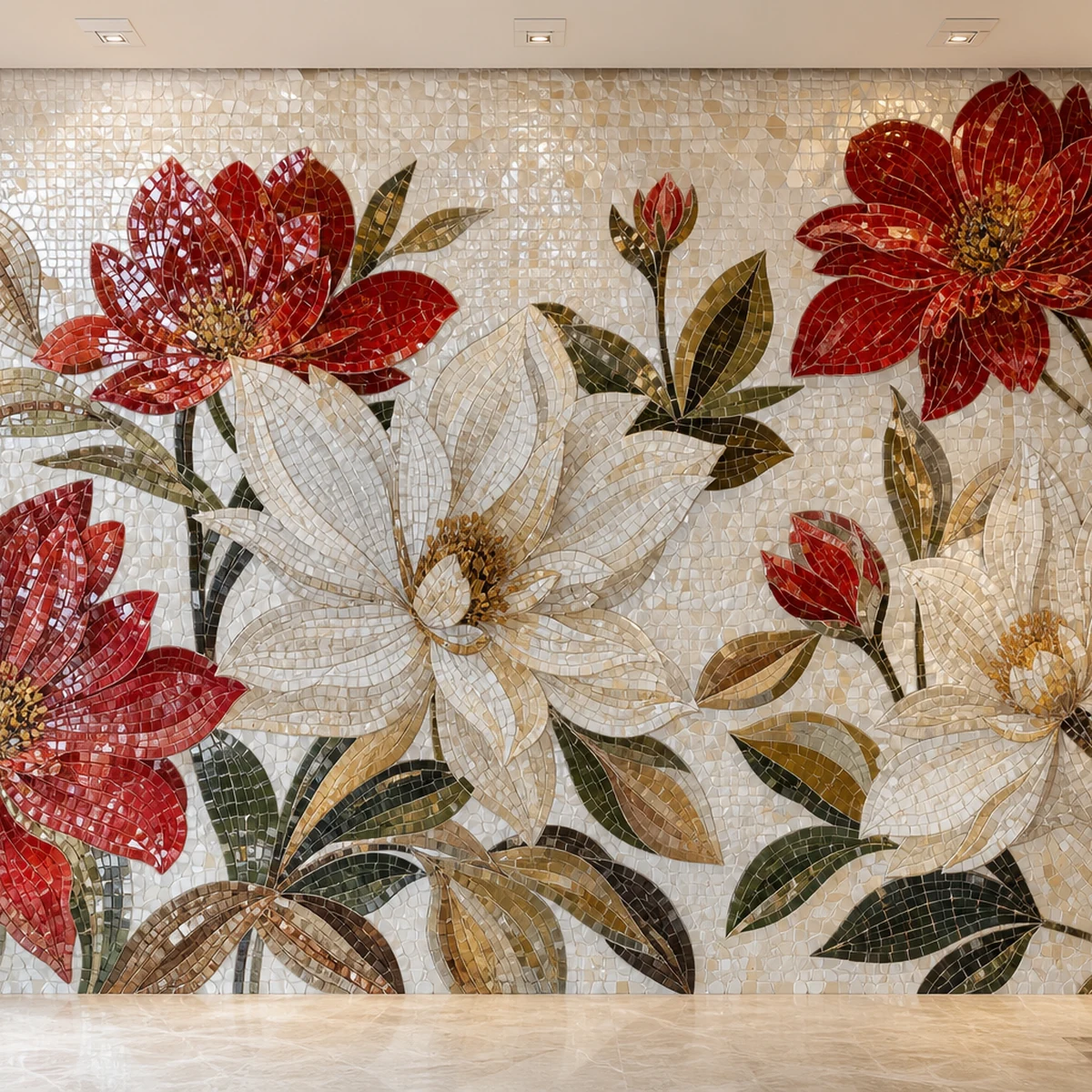 Red & White Botanical Blooms - Large Floral Glass Mosaic Feature Wall Art - Mesh Backing