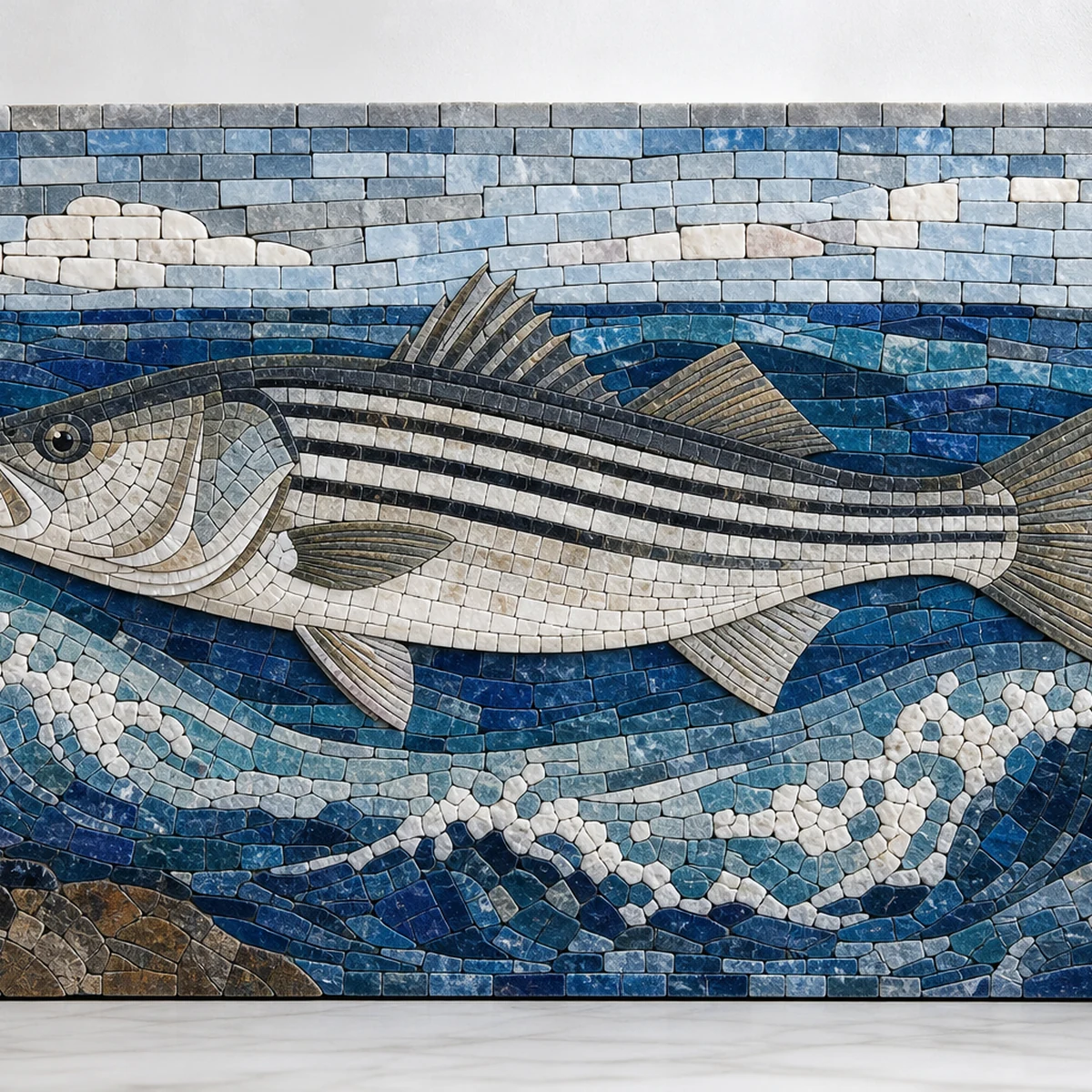 Striped Bass Fish - Coastal Marine Life Marble Mosaic Wall Art - Mesh Backing